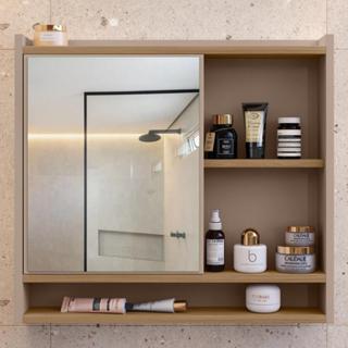 Espelheira com espelho para banheiro com prateleiras e porta escova. em Oferta na Shopee