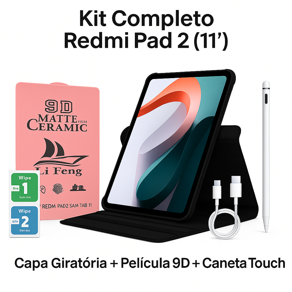 Kit Completo para Tablet Redmi Pad 2 de 11 polegadas Capa Giratória + Película Cerâmica + Caneta Touch