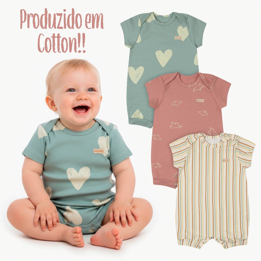 KIT 3 Macaquinho Romper Cotton Estampado - Unissex - Verão - Tamanhos P/M/G