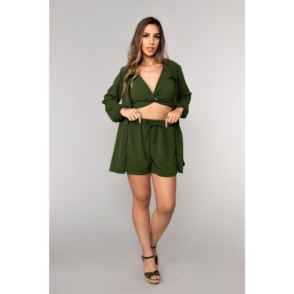 Conjunto Feminino Moda Instagram – camisa + Shorts + Croped
