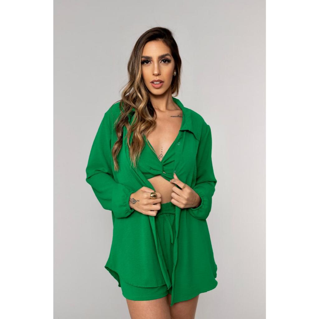 Conjunto Feminino 3 Peças – Camisa, Cropped e Shorts