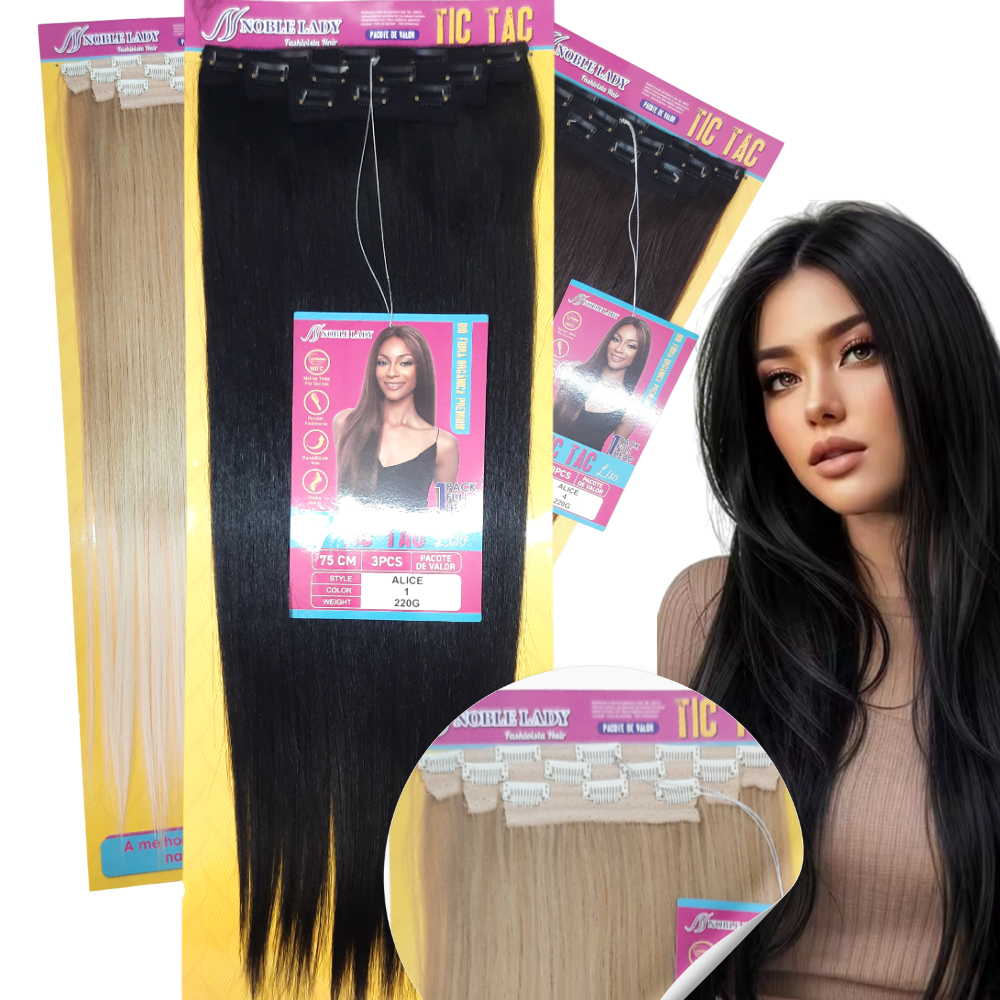 Aplique Tic Tac alongamento Liso Fibra bio Premium 3 Telas Alice 75cm cores preto, loiro, castanho em Oferta na Shopee