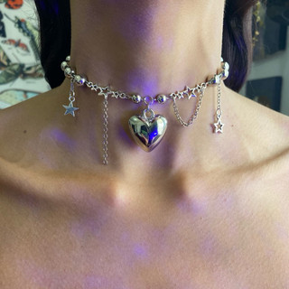 Colar prata Cyberpunk Alternativo Aço Inox Corrente coração Acessórios Jóias Aesthetic Pingente de estrela Gargantilha