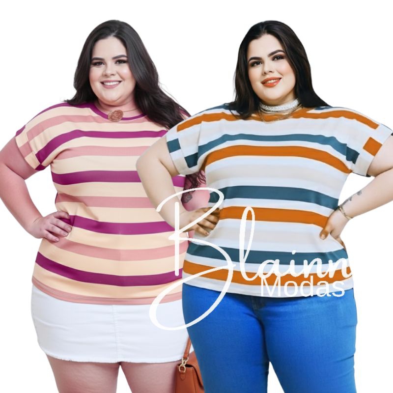 Blusa Feminina Plus Size Lisa Listrada Viscolycra Camiseta T-Shirt Manga Japonesa Curta Dobrada Casual Soltinha G1 G2 G3