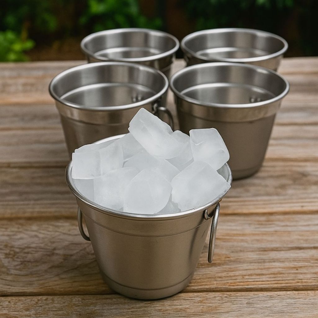 Kit 5 Mini Baldes Gelo Alumínio Escovado ou Polido com Duas Alças 500ml p/ Decoração Bebidas Festas em Oferta na Shopee