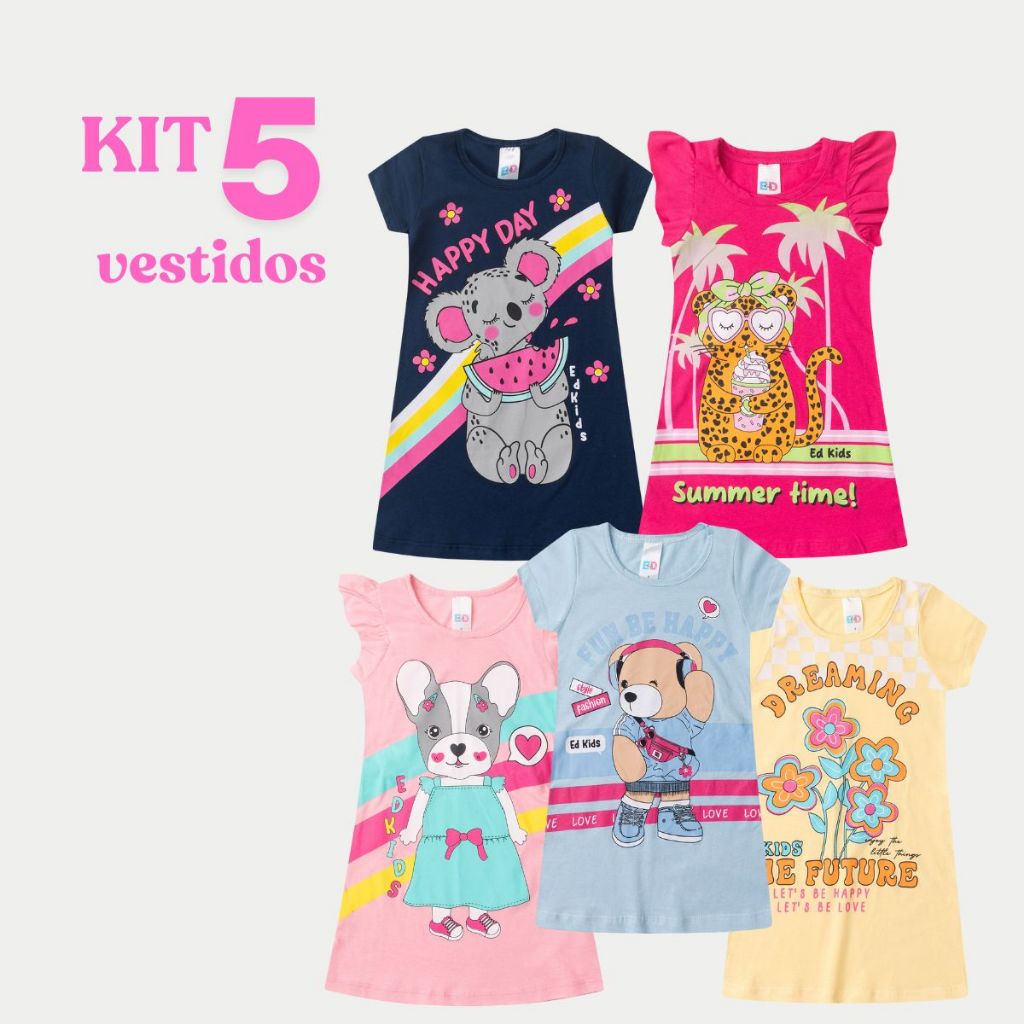 Kit Sortido 5 Peças de Roupas Infantis Feminino Verão = 5 Vestidos Menina - ED KIDS