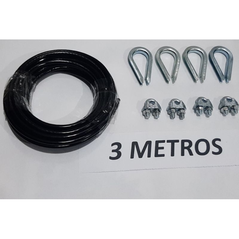 Cabo de aço para academia 3 metros 3/16 revestido + 4 sapatilha 3/16 + 4 Clip 3/16 em Oferta na Shopee