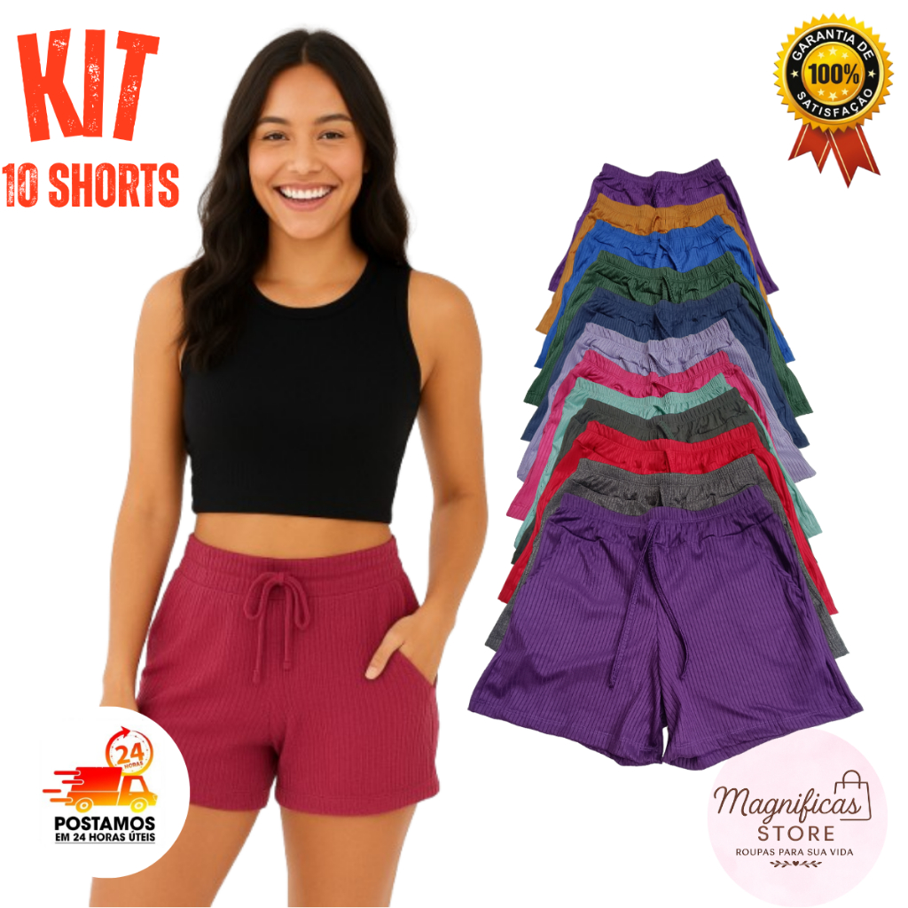 Kit 10 shorts feminino canelado com bolso bermuda feminina adulto cintura alta e soltinho em Oferta na Shopee