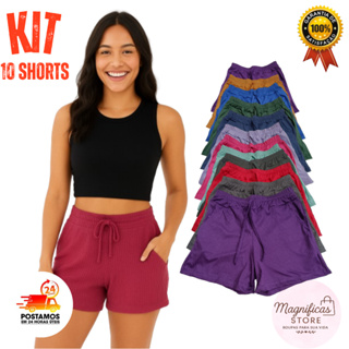 Kit 10 shorts feminino canelado com bolso bermuda feminina adulto cintura alta e soltinho em Oferta na Shopee