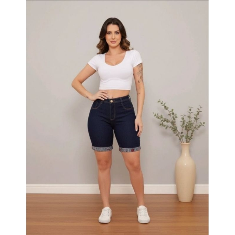 bermuda jeans feminina escura lisa barra love com laycra wissam jeans