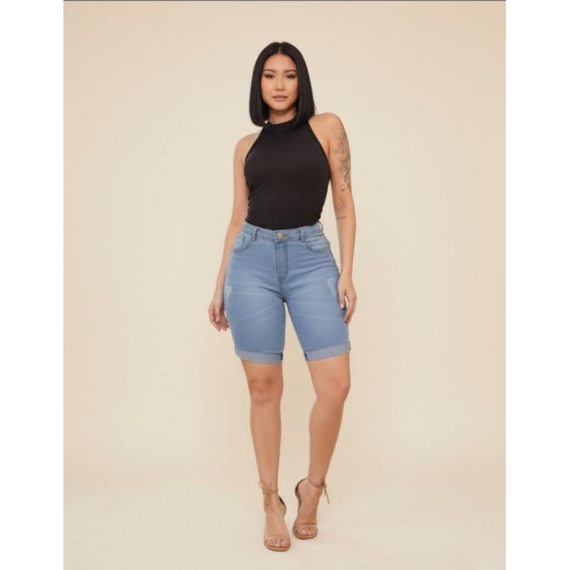 bermuda jeans feminina barra dobrada com laycra wissam jeans
