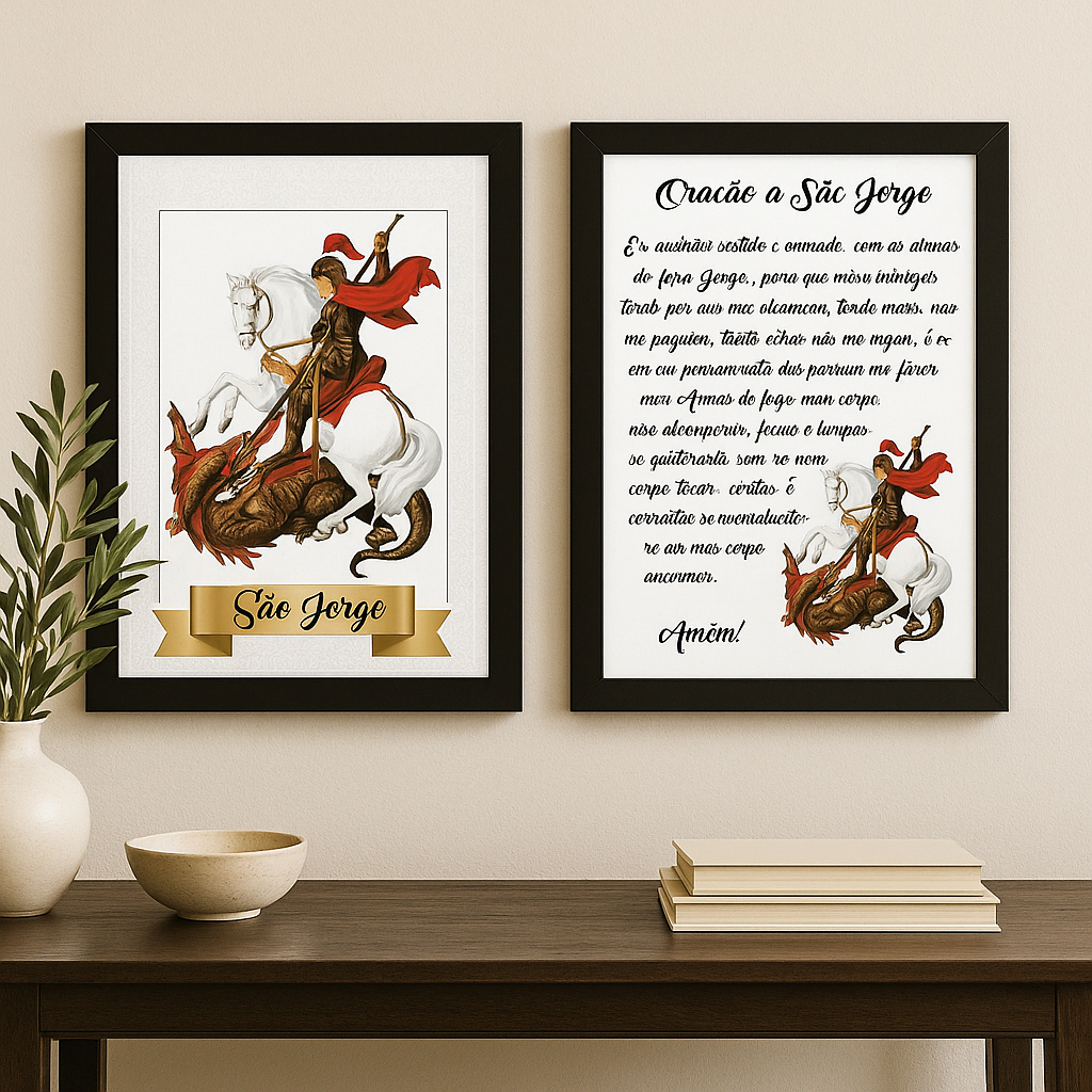 Imagem Quadro Decorativo Religioso São Jorge com Oração Arte de Proteção e Fé para Sala e Quarto Sacra moderna espiritual luxo