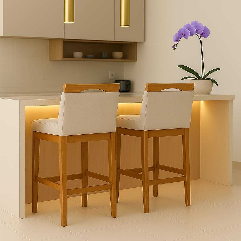 1 Banqueta Alta Lyara Estofada com Encosto em Madeira para Balcão de Cozinha Bancada Banco Alto Luxo em Oferta na Shopee