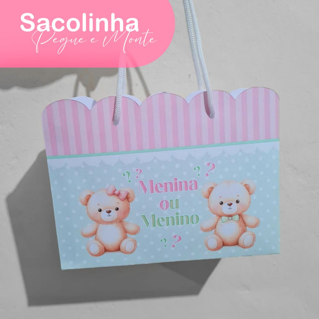 Kit Pegue e Monte Sacolinha Personalizada Chá Revelação Ursinho Rosa e verde