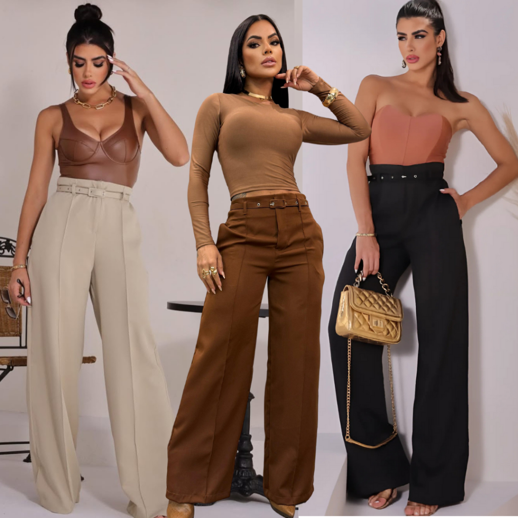 Calça Alfaiataria Feminina Cinto Cintura Alta Com Zíper Na Lateral