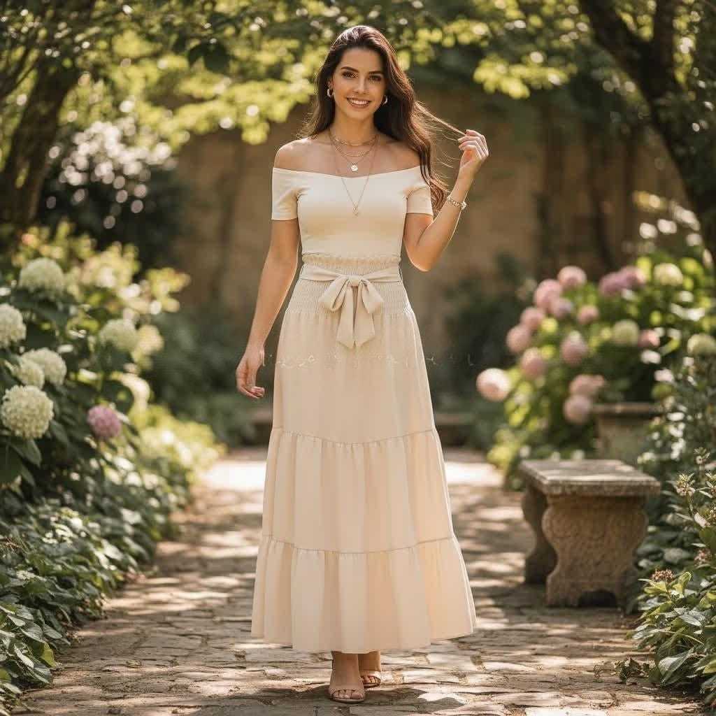 Saia Longa Feminina Três Maria Cintura Alta Com Laço Fit e Flare Moda Evangélicas 2026 em Oferta na Shopee