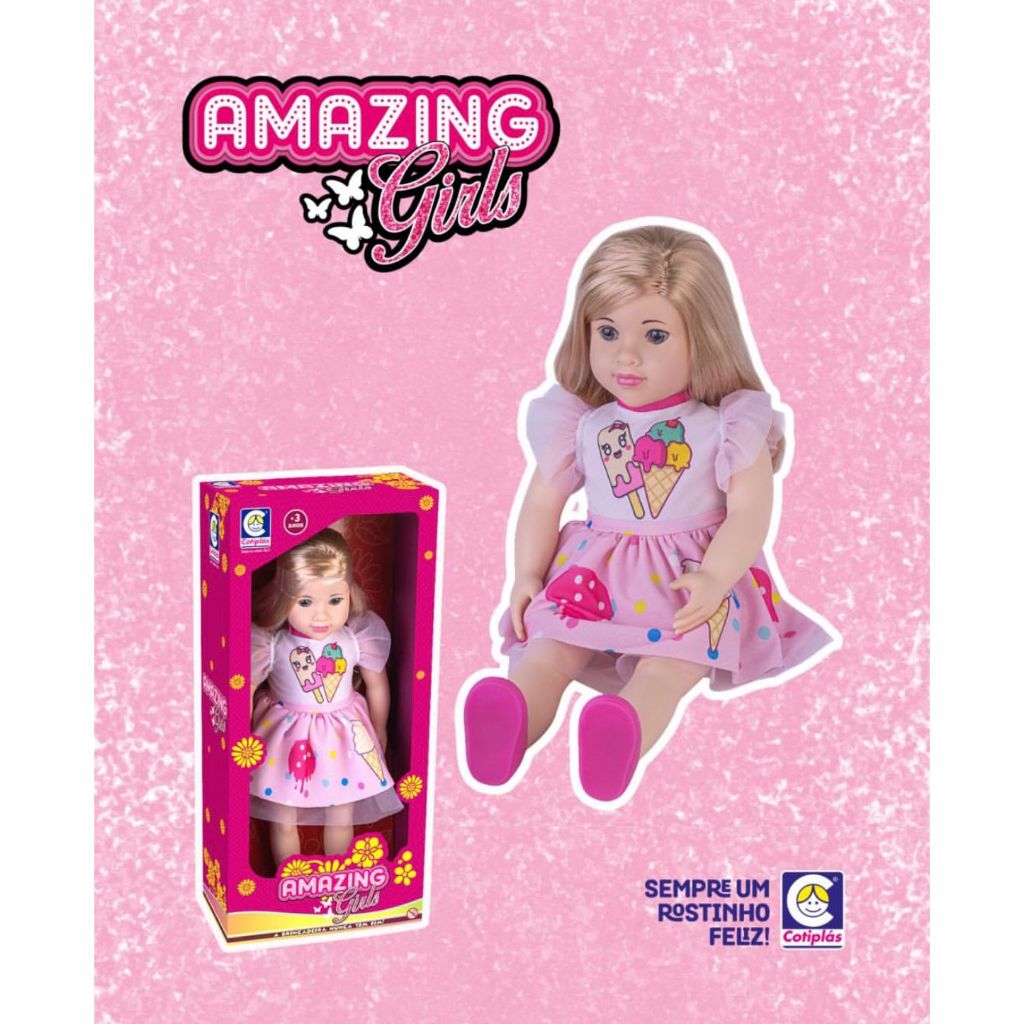 Boneca Amazing Girls Vestido Sorvete Cotiplás 46cm – Cabelos Reais, Acessórios e Roupas Estilosas