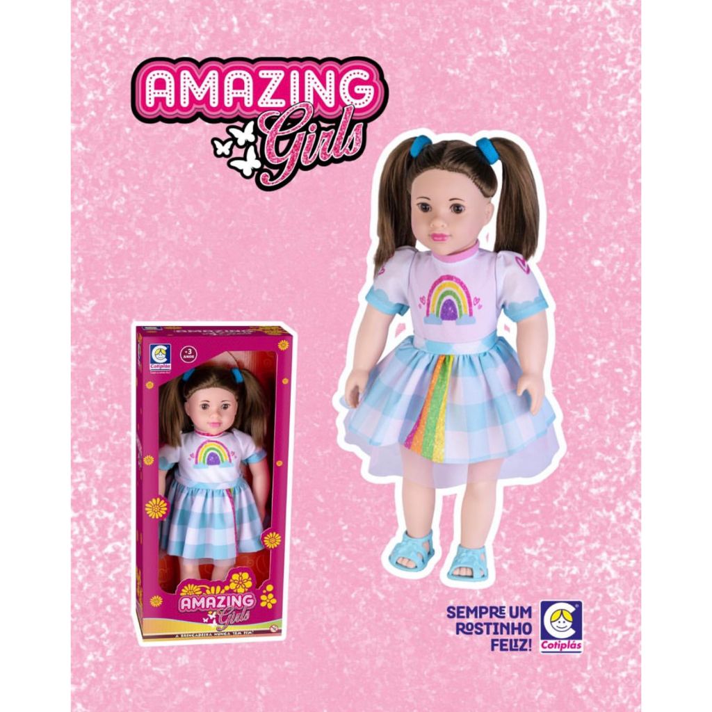 Boneca Amazing Girls Vestido Arco-Íris Cotiplás 46cm – Cabelos Reais, Acessórios e Roupas Estilosas