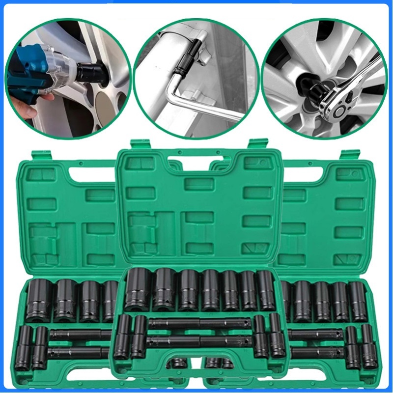 Jogo de Soquetes de Impacto Longo 1/2, 15 Peças 8–32 mm Sextavado com Maleta, para Estudantes em Oferta na Shopee