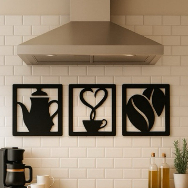 Quadro Decorativo Café 3 Peças em MDF Preto – Cozinha Luxuosa, Painel Parede Mod em Oferta na Shopee