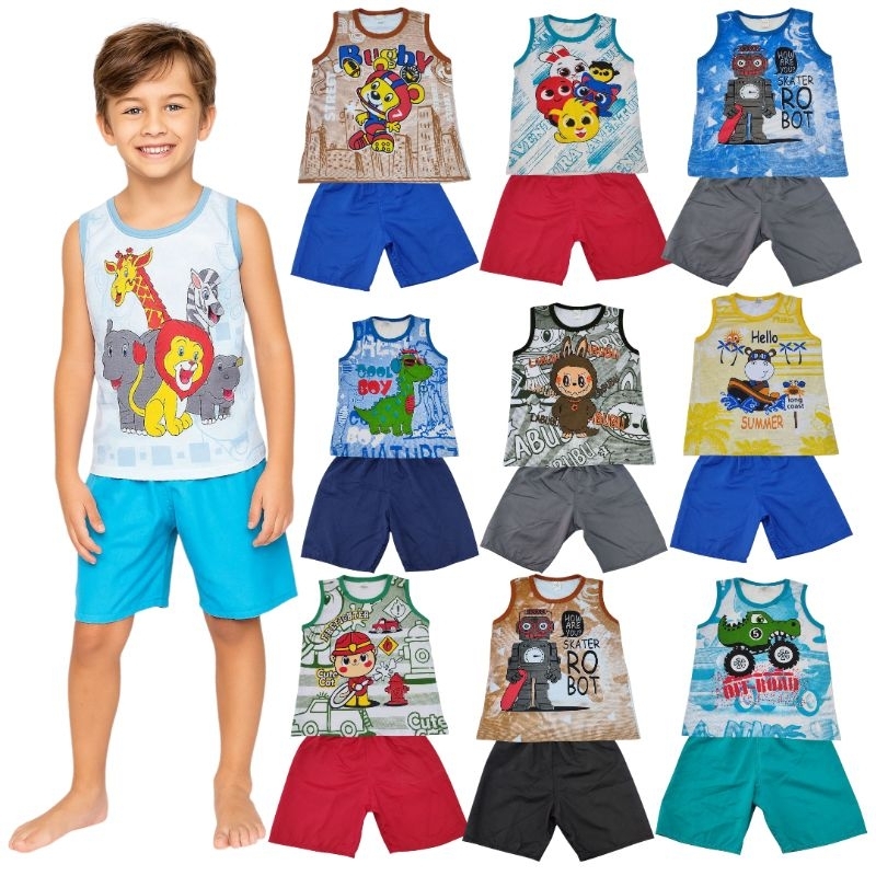 🩵 Kit Conjunto Infantil Menino 10 Peças – 5 Regatas + 5 Shorts Tactel | Roupas Infantis Menino Verão 2 4 6 8 🩵