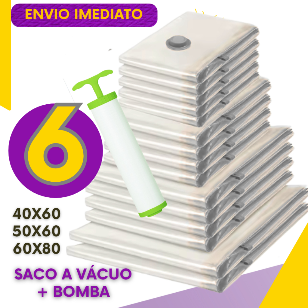 Combo 6 Saco A Vácuo Bomba Manual Organizador Viagem Casa Roupas Cobertas Resistente Reutilizável