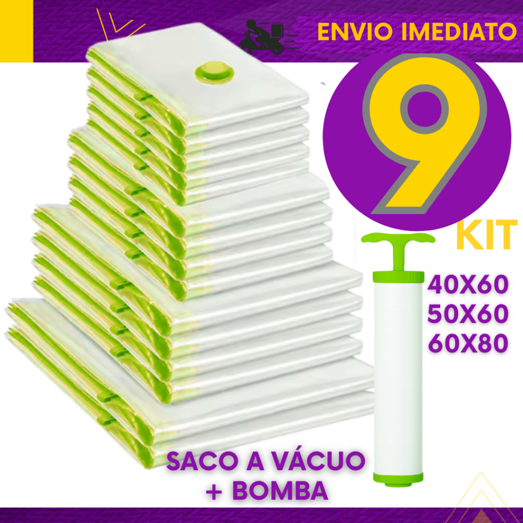 Kit 9 Saco A Vácuo Bomba Manual Organizador Viagem Casa Roupas Cobertas Resistente Reutilizável