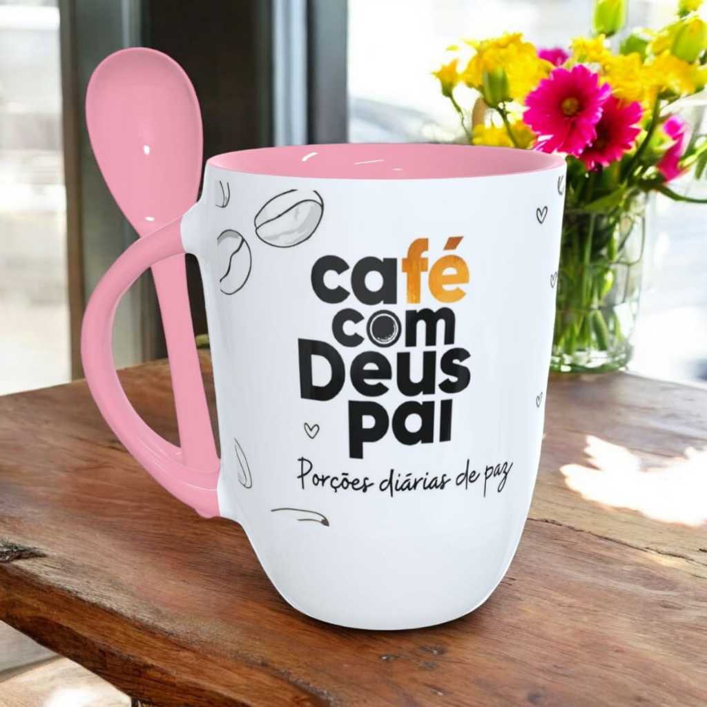 Caneca Café com Deus Pai com Colher Interior e Alça Rosa