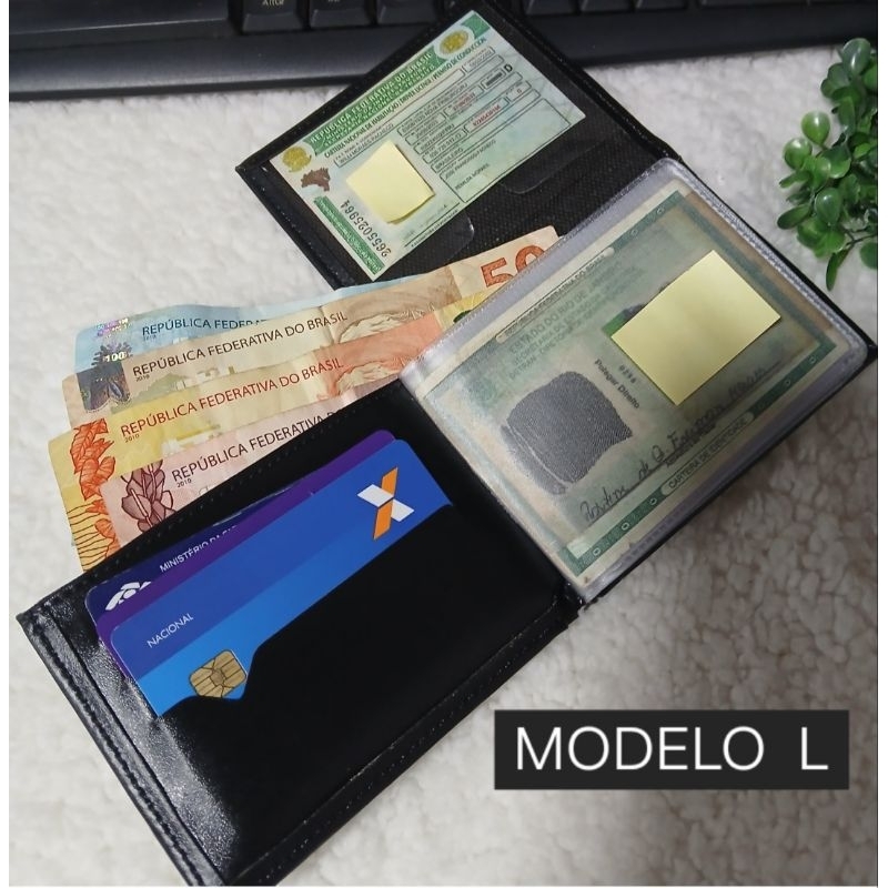 CARTEIRA MASCULINA EM L SLIM COURO SINTÉTICO COMPACTA PREMIUM CARTÕES CNH CÉDULAS MOEDAS CABE RG ANTIGO PRETA