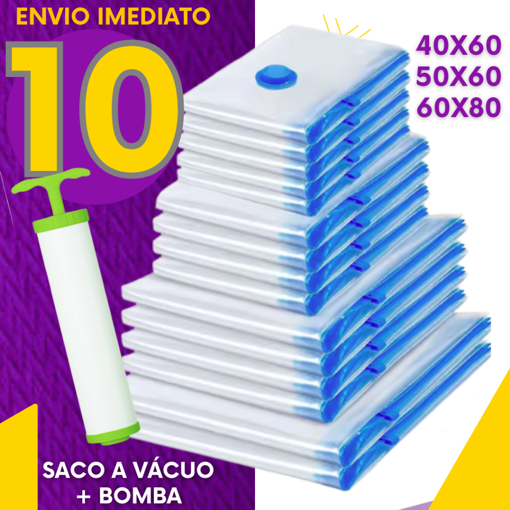 Kit 10 Saco A Vácuo Bomba Manual Organizador Viagem Casa Roupas Cobertas Resistente Reutilizável