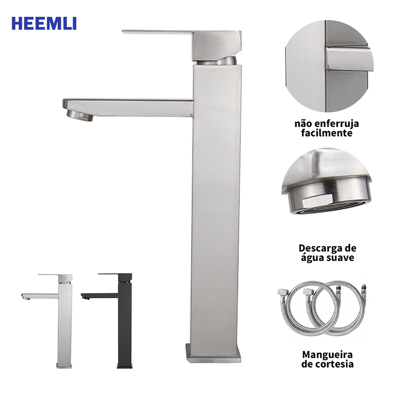 Heemli Torneira para Lavatório Aço Inox Escovado Monocomando Alta Vazão Água Fria Quente 2 Mangueiras 60cm Inclusas em Oferta na Shopee
