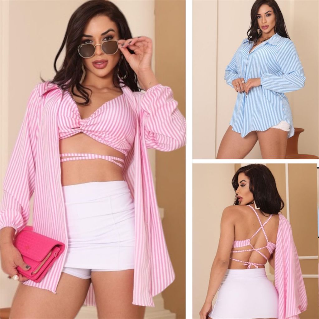 Conjunto Feminino Listrado Camisa com Cropped Chamise verão 2025 em Oferta na Shopee