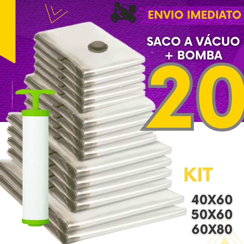 Kit 20 - Saco A Vácuo Bomba Manual Organizador Viagem Casa Roupas Cobertas Resistente Reutilizável