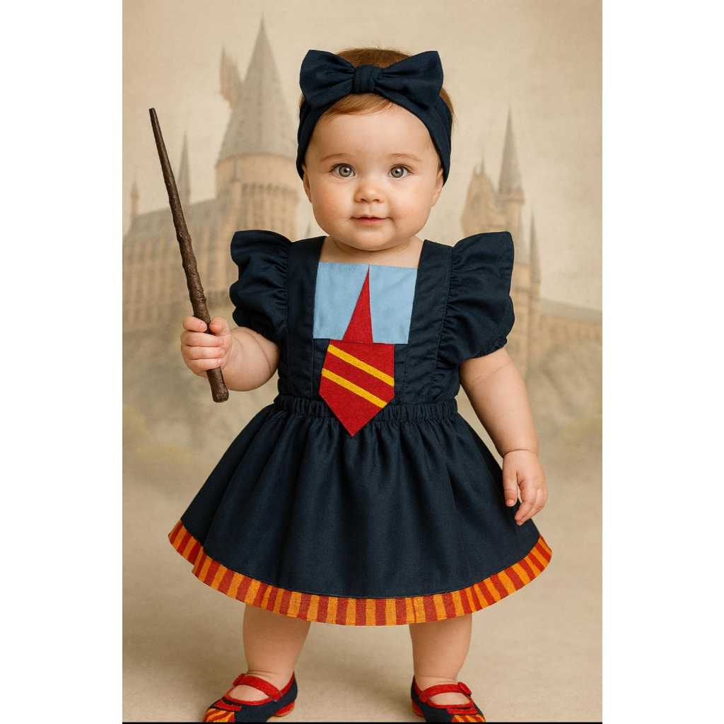 Romper Salopete Temática Fantasia Bruxinha Hermione Harry Potter com Varinha Bebê Infantil  Halloween Mesversário