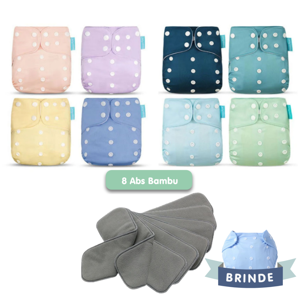 Kit 8 Fraldas Ecológicas + 8 Abs Carvão de Bambu - Happy Flute