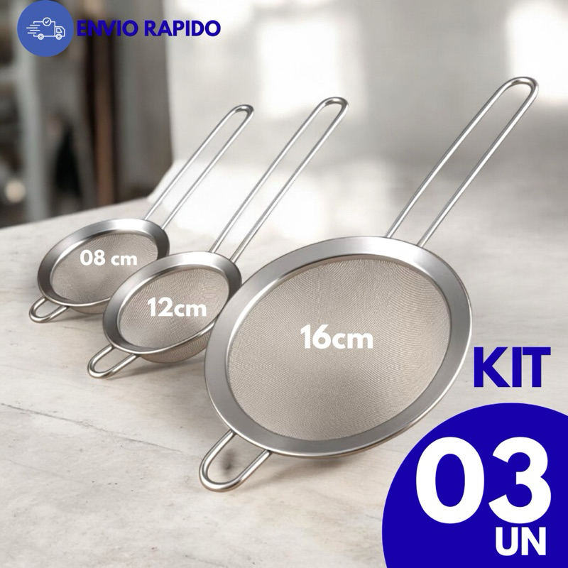 Kit 3 Peneiras Coador em Aço Inox P M G 8 12 16cm para Cozinha Resistente Multiuso