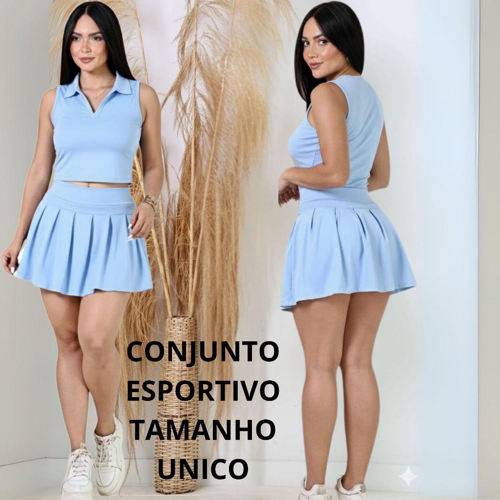 Conjunto Fitness Feminino Suplex Premium | Cropped Gola Polo e Saia Plissada | Moda Treino Esportivo | Tamanho Único