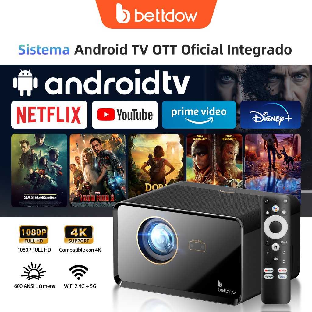 O projetor Bettdow Netflix 4K HD possui 600ANSI  de brilho e é compatível com foco automático do Google TV e áudio em Oferta na Shopee
