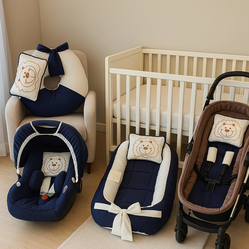Kit Enxoval de Bebê 8 Peças: Ninho Redutor, Almofada de Amamentação, Capa Bebê Conforto e Carrinho