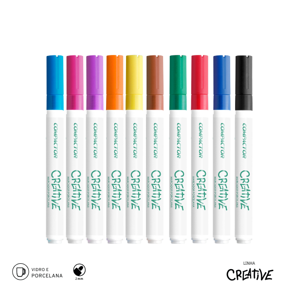 Kit 10 Cores Básicas Marcadores De Porcelana Creative - Compactor
