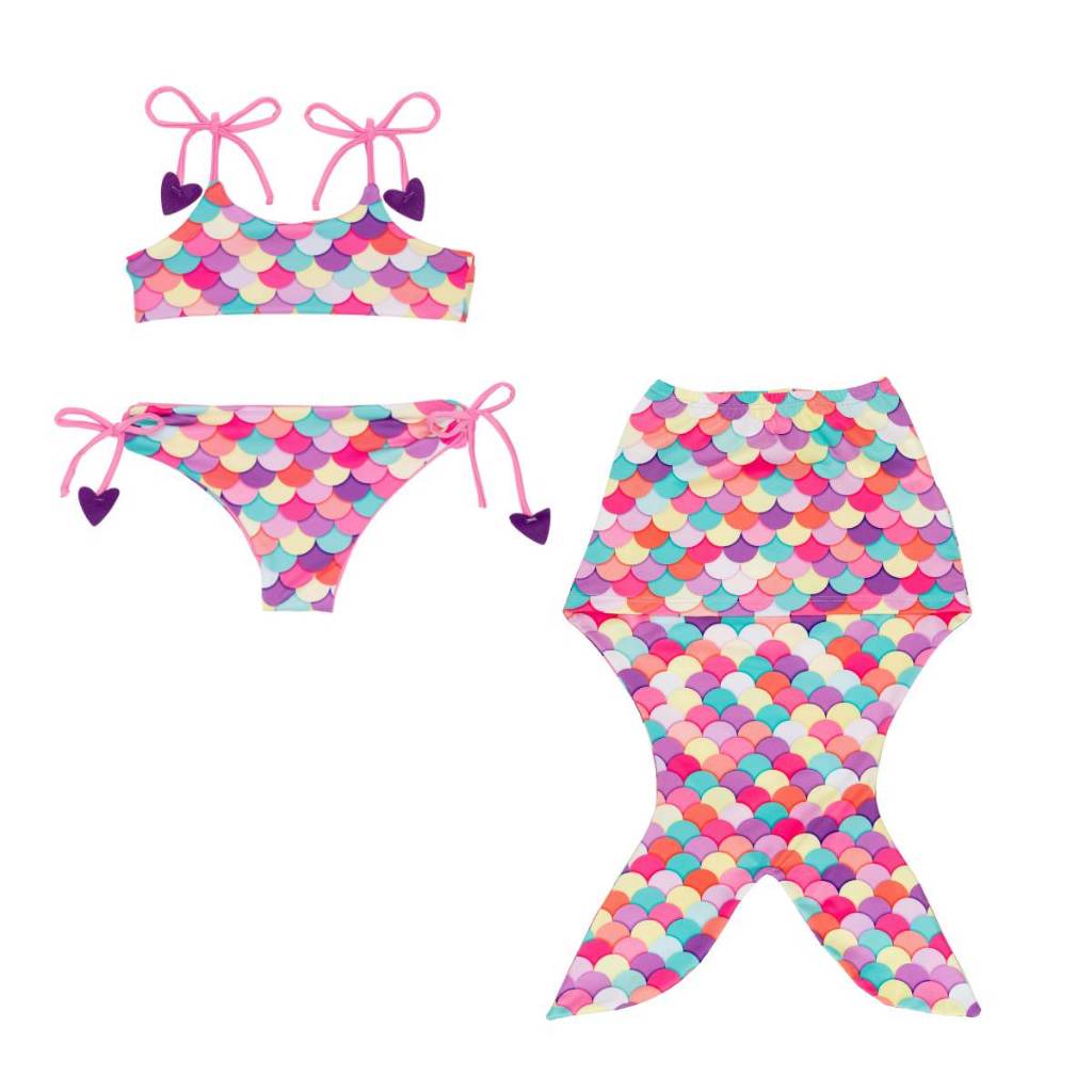 Biquíni Dupla Face Infantil + Saia Cauda De Sereia Menina Fantasia Piscina Praia