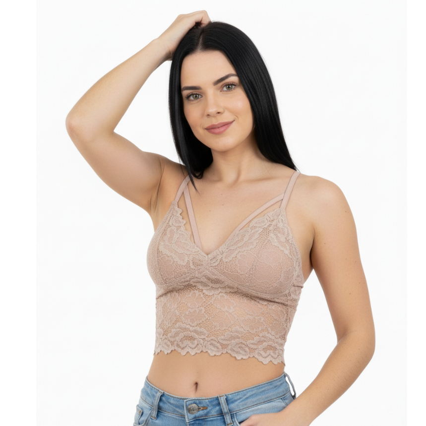 Cropped Top De Renda Feminino Tiras Dupla Alça Regulável Com Bojo
