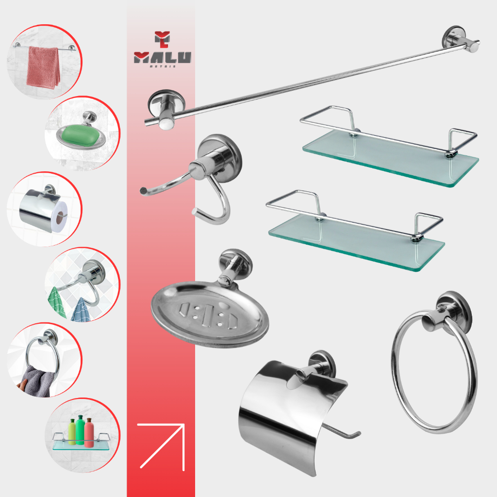 Kit Acessórios Para Banheiro Aço Inox 5 Peças + 2 Porta Shampoo Vidro Retangular Cdg. 3970