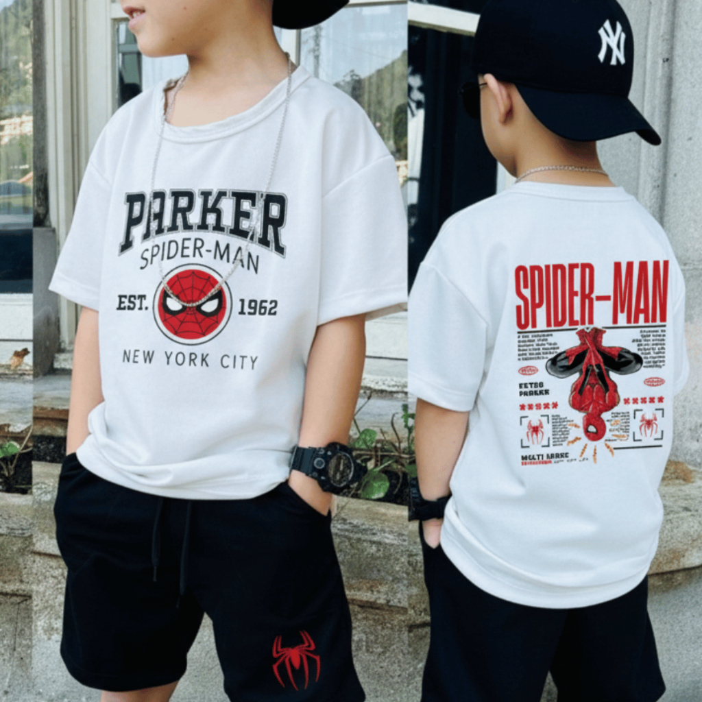 Kit Infantil Homem Aranha Camiseta E Bermuda Verão Blusa Peter Parker 100% Algodão Bermuda Moletom