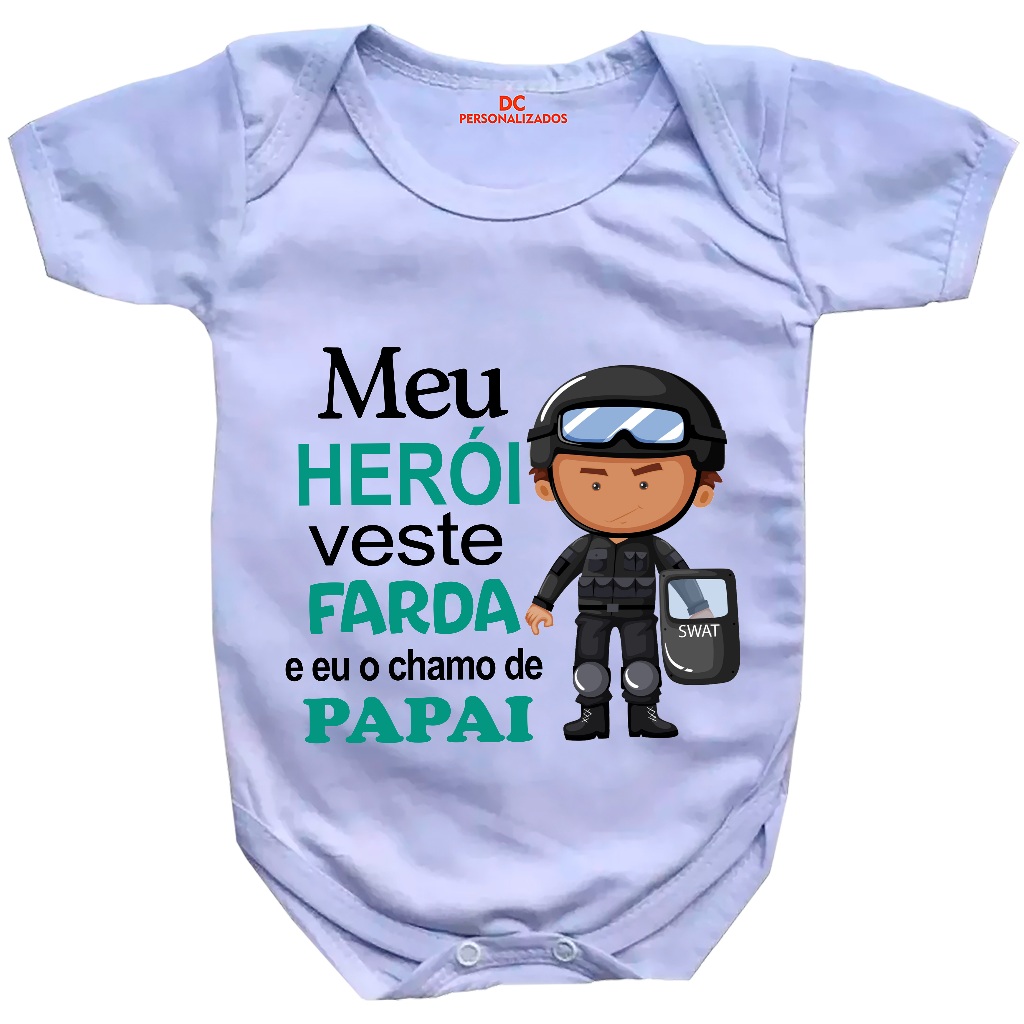Body de Bebê Personalizado Frases Meu Herói Veste Farda Papai Policial GB0855