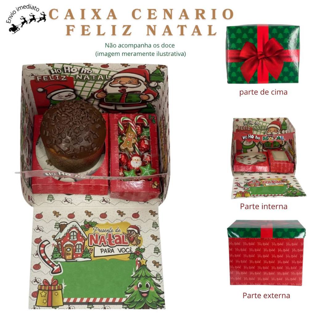 Kit 10 Caixa Cenario Feliz Natal Presente Criativo para Bento Cake Panetone Surpresa Natalina