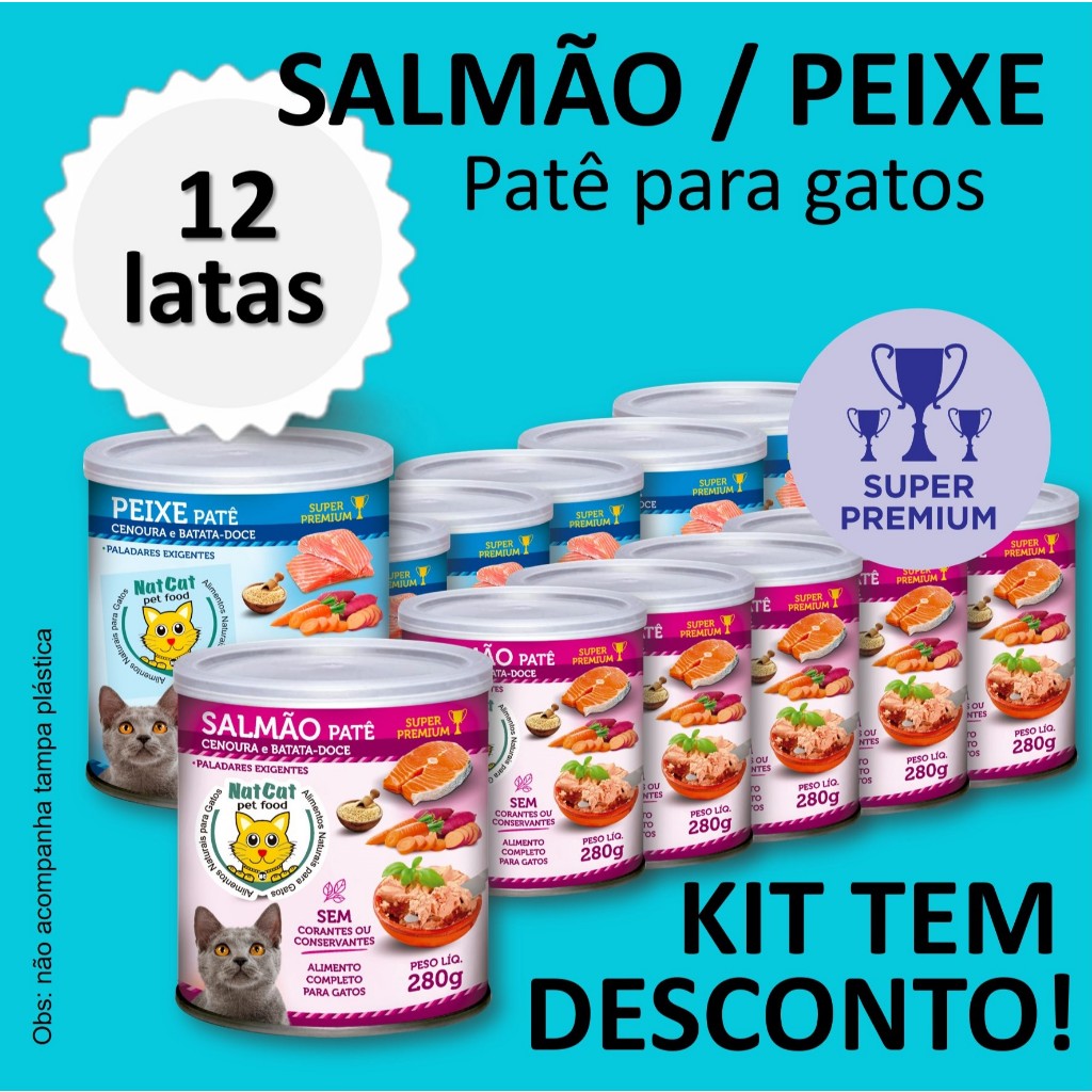 Kit Ração Úmida Patê Natural Gatos Maximo Sabor Peixe Salmão NatCat Pet Food Ração Molhada