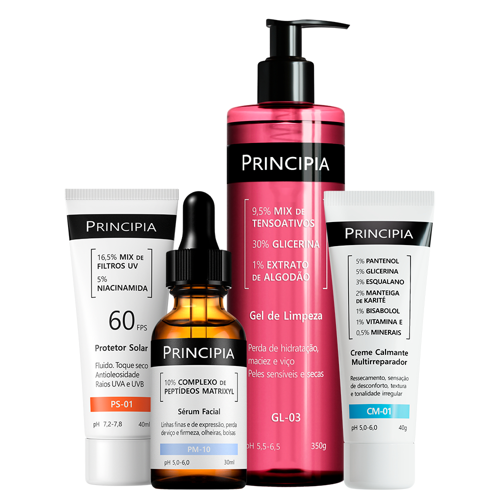 Principia Kit Antissinais Peles Sensíveis c/ Gel de Limpeza GL-03, Creme CM-01, Sérum PM-10, Protetor Solar PS-01 FPS 60