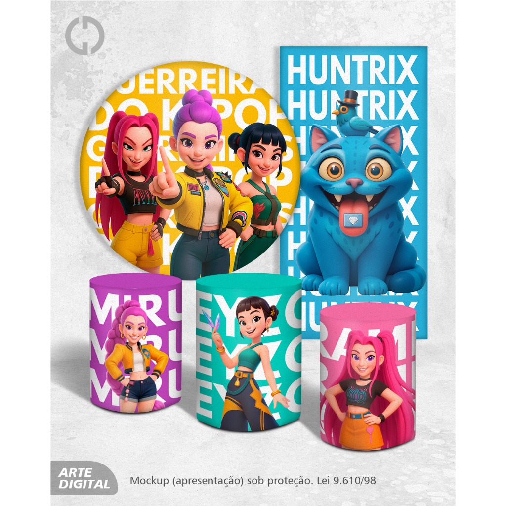 PAINEL DE FESTAS, GUERREIRAS DO KPOP IA CUTE, REDONDO 1,5M DE DIÃMETRO + 3 CAPAS DE CILINDROS + VERTICAL 2X1