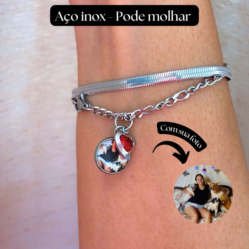 Pulseira com pingente personalizado com sua foto, aço inox a prova d’água. Não perde a cor, antialérgico. em Oferta na Shopee